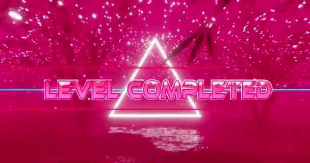 Animatie Van Niveau Voltooide Tekst Metallic Roze Witte Driehoek Roze — Stockvideo