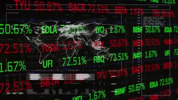 Kara Fon Üzerinde Dünya Haritası Üzerinde Borsa Veri Işleme Arayüzünün — Stok video
