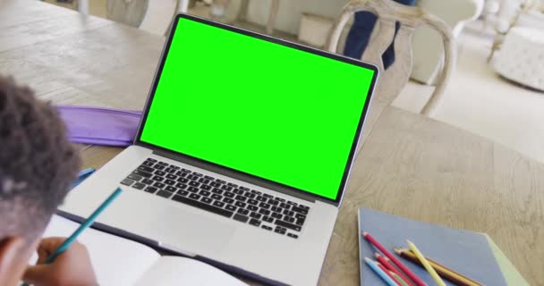 Skład Afrykańskiego Chłopca Amerykańskiego Laptopie Online Uczenia Się Zielonym Ekranem — Wideo stockowe