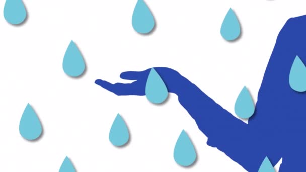 Animación Gotas Lluvia Cayendo Sobre Silueta Mujer Azul Concepto Naturaleza — Vídeos de Stock