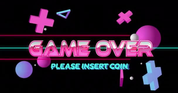 ゲームオーバーのアニメーションと黒に浮かぶ3D形状でピンクと青でコインテキストを挿入してください ビデオゲーム 支払い 通信とレトロな未来の概念デジタル生成ビデオ — ストック動画