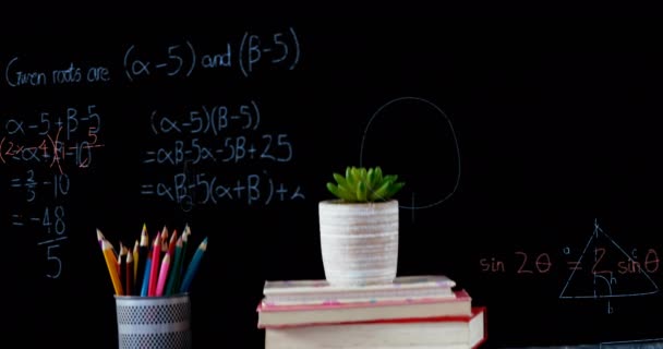 Bitkilere Karsi Matematik Denklemlerinin Animasyonlari Tahta Yüzeydeki Kalem Tutacagi Okul — Stok video
