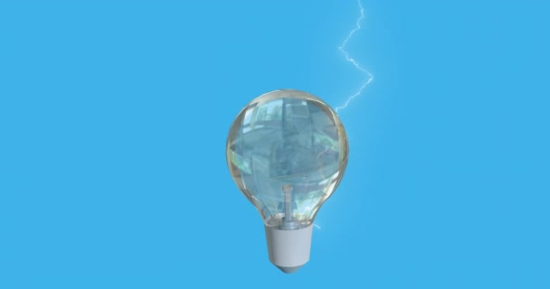 Animation Light Bulb Lightnings Blue Background Global Science Computing Digital — Stock Video