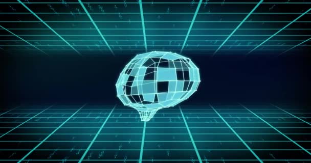 Animação Cérebro Cuboide Azul Girando Sobre Grade Azul Trilhas Luz — Vídeo de Stock