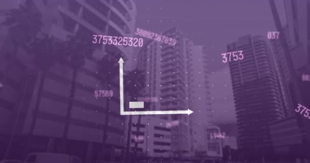 Grafik Animasyonu Değişen Sayılar Gökyüzüne Karşı Modern Binaların Düşük Açılı — Stok video