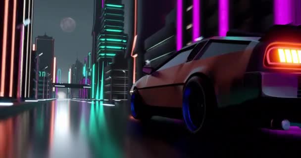 Animation Des Autofahrens Neonbeleuchteter Stadt Bei Nacht Hintergrund Videospiel Zukunft — Stockvideo