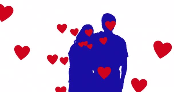 Animación Corazones Cayendo Sobre Silueta Pareja Abrazándose Amor Romance Estilo — Vídeo de stock