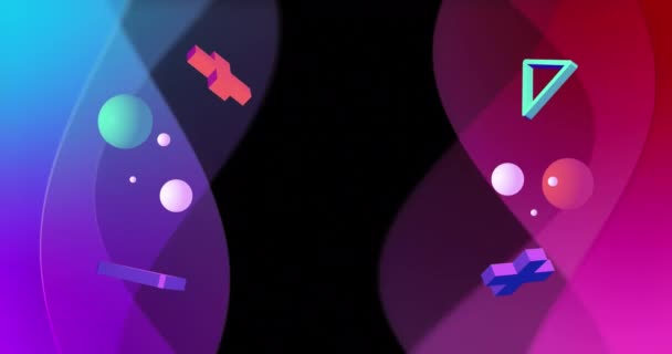 黒の背景に紫とピンクの抽象的な形の上に浮遊3D形状のアニメーション データ デジタルインターフェイス レトロな未来の概念デジタル生成ビデオ — ストック動画