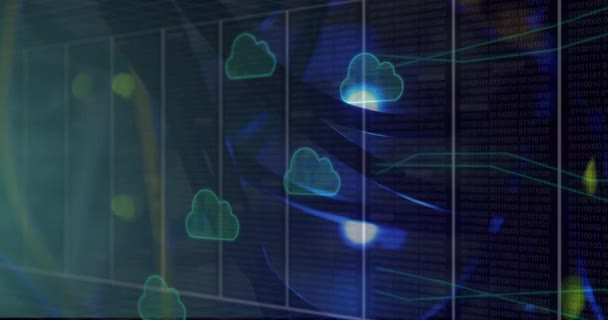 Animazione Nuvole Griglia Sfondo Blu Scuro Concetto Tecnologia Comunicazione Rete — Video Stock