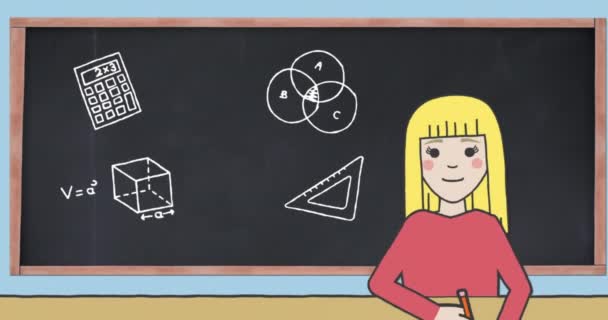 アイコン 数学のテキストバナー 黒板に数学の概念アイコンを勉強する女の子のアニメーション 教育理念 — ストック動画