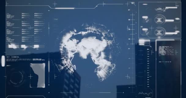 Анімація Глобусу Завантаження Барів Комп Ютерної Мови Над Сучасними Будівлями — стокове відео