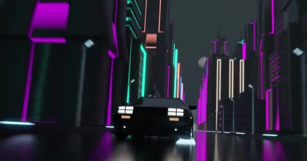 Animazione Della Guida Auto Nella Città Illuminata Neon Notte Videogioco — Video Stock