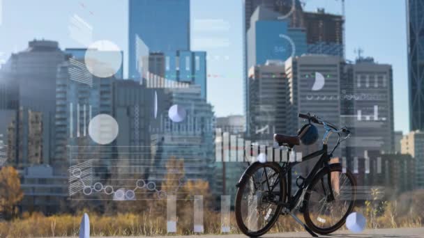 Animation Multiple Graphs Loading Circles Bicycle Parked Modern City Digital — Stock Video
