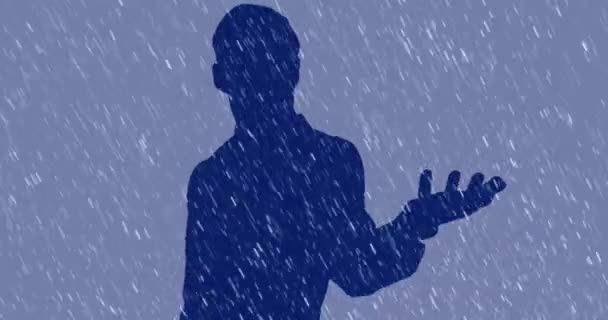 Animación Gotas Lluvia Cayendo Sobre Silueta Del Hombre Azul Concepto — Vídeos de Stock
