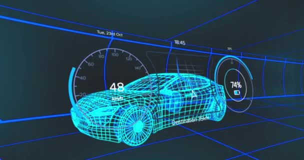 黒の背景にグリッドパターンに対する車の3Dモデル上の速度計と数のアニメーション デジタル生成 ホログラム イラスト 技術の概念 — ストック動画