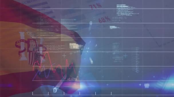 Animace Počítačového Jazyka Binární Kódy Grafy Nad Vlajkou Španělska Infografického — Stock video