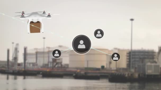 Animación Iconos Conectados Sobre Drones Que Transportan Cajas Cartón Contra — Vídeo de stock