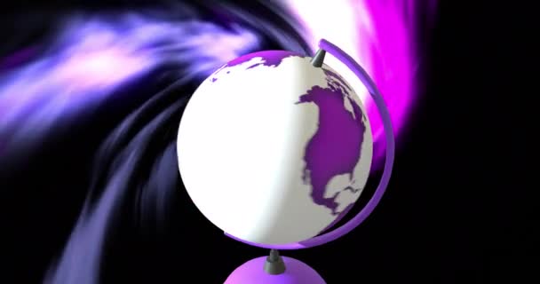 在紫色光迹上在黑色背景上旋转的地球动画 全球和地图概念数字生成的视频 — 图库视频影像