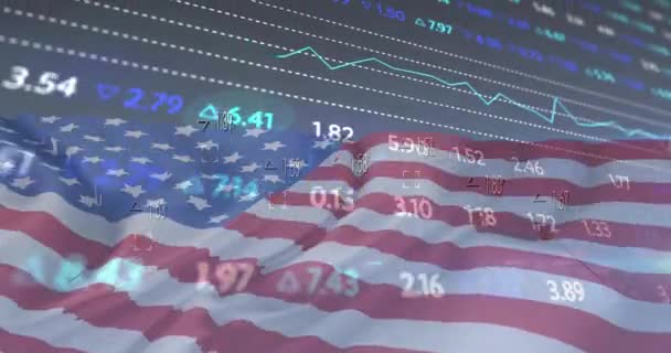 米国の国旗に関する財務データ処理のアニメーション グローバルビジネス データ処理の概念デジタルで生成されたビデオ — ストック動画