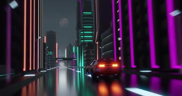 Animation Car Driving Neon Lit City Night Background Video Game — Stock Video