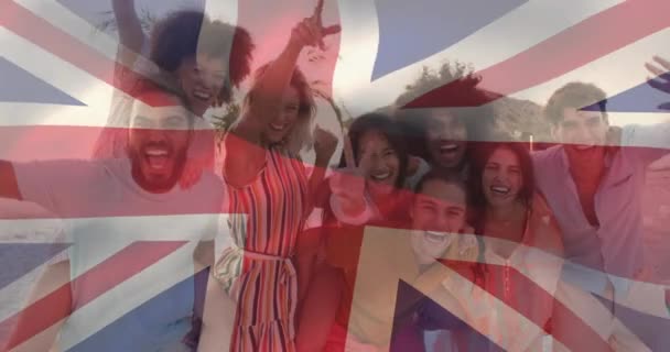 Animation Diverse Friends Beach Party Flag Great Britain British Patriotism — Stock Video