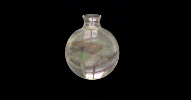 Animacja Szklanej Butelki Laboratoryjnej Obracającej Się Czarnym Tle Globalna Nauka — Wideo stockowe