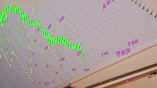 Animation Multiple Graphs Trading Board Pen Notebook Desk Digital Composite — Stock Video