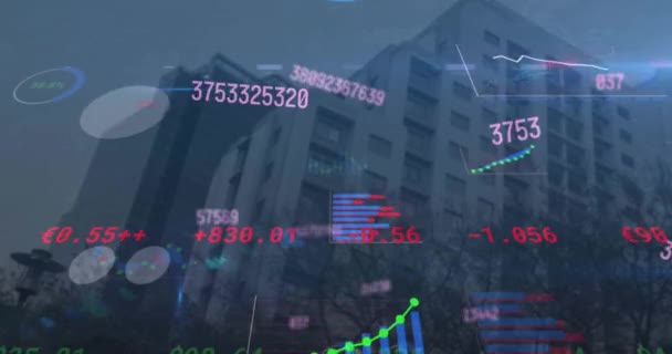Animace Měnících Čísel Grafů Obchodní Rady Načítání Kruhů Nad Moderními — Stock video