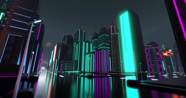 Animação Naves Espaciais Carro Neon Iluminado Cidade Fundo Noite Vídeo — Vídeo de Stock