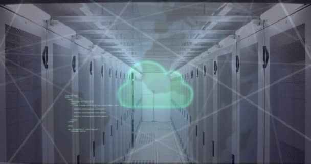 Animace Cloudu Sítě Připojení Zpracování Dat Přes Serverovou Místnost Koncept — Stock video