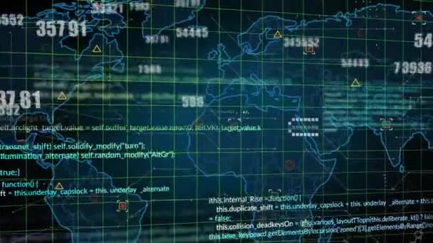 黒を背景に世界地図上で数値やデータ処理を変更するアニメーション グローバルネットワークとビジネステクノロジーのコンセプト — ストック動画