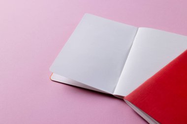 Kırmızı defteri kapat ve pembe arka planda fotokopi alanı olan kitabı aç. Edebiyat, okuma, yazma, boş zaman ve kitaplar..