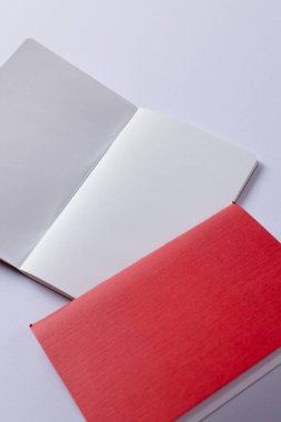 Kırmızı defteri kapat ve beyaz arkaplanda kopya alanı olan kitabı aç. Edebiyat, okuma, yazma, boş zaman ve kitaplar..