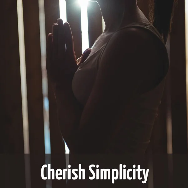 Composição Texto Simplicidade Apreço Sobre Mulher Caucasiana Praticando Ioga Dia — Fotografia de Stock