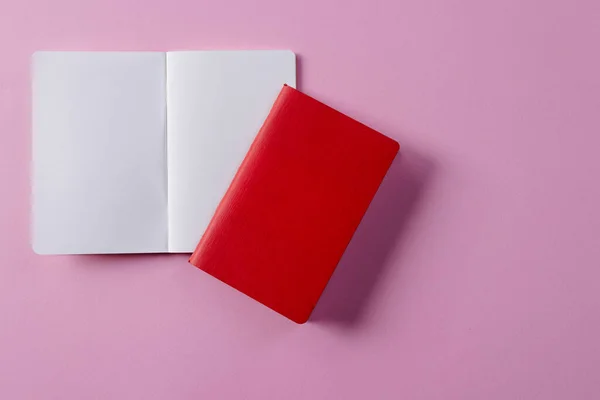 Close Red Notebook Open Book Copy Space Pink Background Literature — Stock Photo, Image