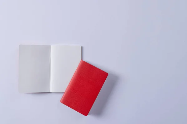 Close Red Notebook Open Book Copy Space White Background Literature — Stock Photo, Image