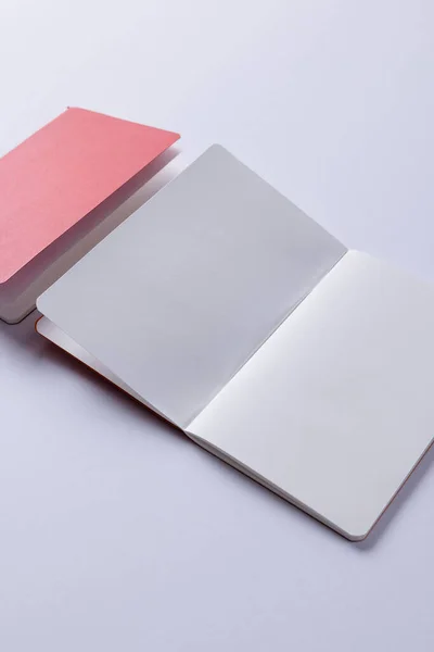 Close up of pink notebook and open book with copy space on white background. Literature, reading, writing, leisure time and books.