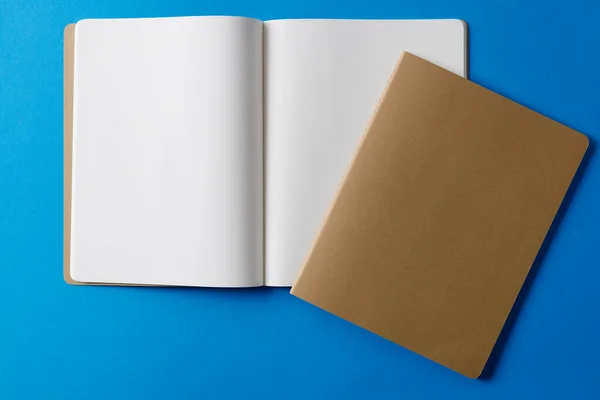Zavřít Béžový Notebook Otevřenou Knihu Kopírovacím Prostorem Modrém Pozadí Literatura — Stock fotografie