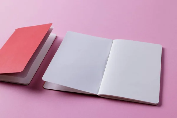 Közelkép Piros Notebook Nyitott Könyv Másolási Hely Rózsaszín Háttér Irodalom — Stock Fotó