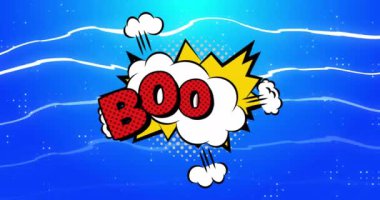 Retro konuşma baloncuğu ve desenli arkaplan üzerindeki patlama metninin animasyonu. Vintage iletişim ve renk konsepti dijital olarak oluşturulmuş video.