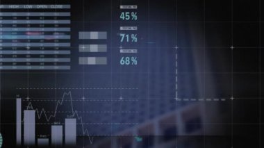Yüksek binaya karşı istatistiksel veri işleme animasyonu. Bilgisayar arayüzü ve iş veri teknolojisi kavramı