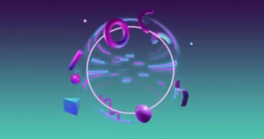 Yeşil arka planda hareket eden çember ve soyut şekillerin animasyonu. Dijital olarak oluşturulmuş soyut, şekil, hareket ve renk konsepti.