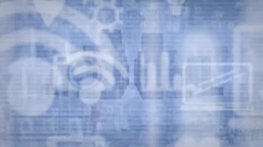 Birden fazla bilgisayar simgesinin animasyonu, arka planda hareket eden araçlara karşı binaların 3 boyutlu modeli. Dijital bileşik, çoklu pozlama, rapor, iş dünyası, fikirler, ulaşım ve teknoloji kavramı.