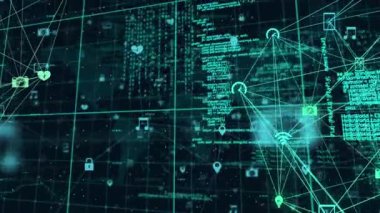 Dünya haritasına karşı iki dönen dijital simge ve veri işleme küresinin animasyonu. Küresel ağ ve iş teknolojisi kavramı