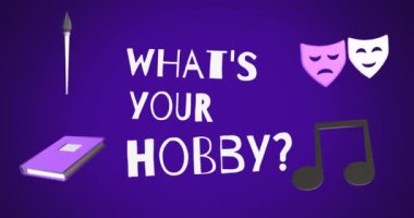 Mor arka planda hobi metinlerinizle eğitim simgelerinin canlandırılması. Öğrenme, eğitim ve okul konsepti dijital olarak oluşturulmuş video.