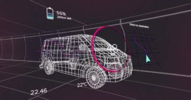 Çemberdeki sayıları değiştirmenin animasyonu, akü simgesi, harita üzerindeki ok, minibüsün 3D modeli. Dijital olarak üretilmiş, hologram, illüstrasyon, ölçüm, ulaşım ve teknoloji kavramı.