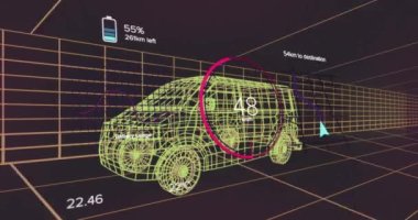 Çemberlerdeki sayıları değiştirmenin animasyonu, siyah arkaplanda 3 boyutlu minibüs modelinin üzerindeki batarya simgeleri. Dijital olarak üretilen, hologram, illüstrasyon, ilerleme, ulaşım ve teknoloji kavramı.