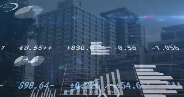 Animation Graphs Loading Circles Trading Board Modern Buildings Sky Digital — Stock Video