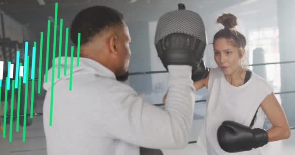 ボクシングジムで行使する多様な男性と女性に対するデータ処理のアニメーション スポーツ データ処理の概念デジタル生成ビデオ — ストック動画