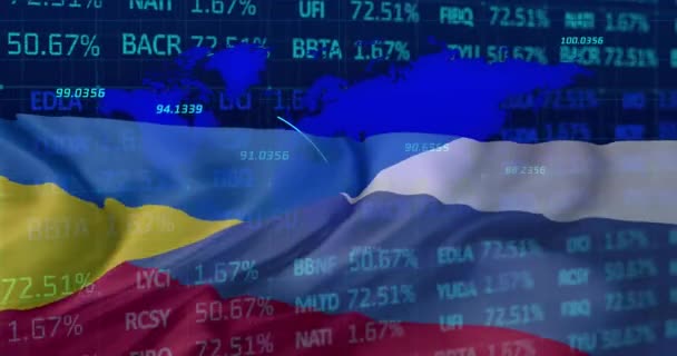 Rusya Ukrayna Bayrakları Üzerinde Finansal Veri Işleme Animasyonu Küresel Finans — Stok video